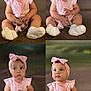 Aurélia is registered to the contest to win money with this photo: baby, infant, child, pink_headband, bow, striped_clothing, white_socks, toy, sitting, curious_expression, collage, brown_background, cute, portrait, indoors, small_child, candid, hands, feet, headwear