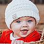 Opal is registered to the contest to win money with this photo: baby, child, infant, beanie, knit_hat, blue_eyes, smile, open_mouth, basket, wicker_basket, red_clothing, portrait, closeup, hand, outdoor, bokeh, cute, rosy_cheeks, clothing_tag, winter_hat