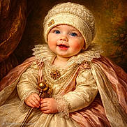Opal is registered to the contest to win money with this photo: baby, blue_eyes, child, golden_rattle, hat, infant, jewelry, lace, luxury, ornate_clothing, painting_like, pearls, portrait, rosy_cheeks, royal_costume, sitter, smile, studio_portrait, velvet_curtain, vintage_style