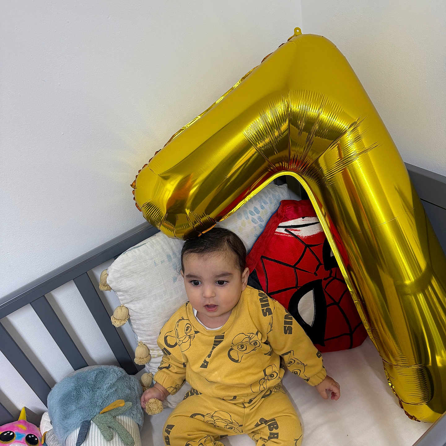 Agamdeep is registered to the contest to win money with this photo: baby, balloon, birthday, celebration, child, crib, cute, happy, indoor, infant, lion_king, number_one, person, pillow, plush_toy, smiling, socks, soft_toys, spiderman_pillow, yellow_clothing