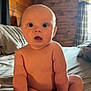 baby, infant, child, naked, bed, room, wooden_wall, curtains, window, foot, hand, skin, expression, wide_eyes, surprised, indoors, soft_light, cozy, plush, person