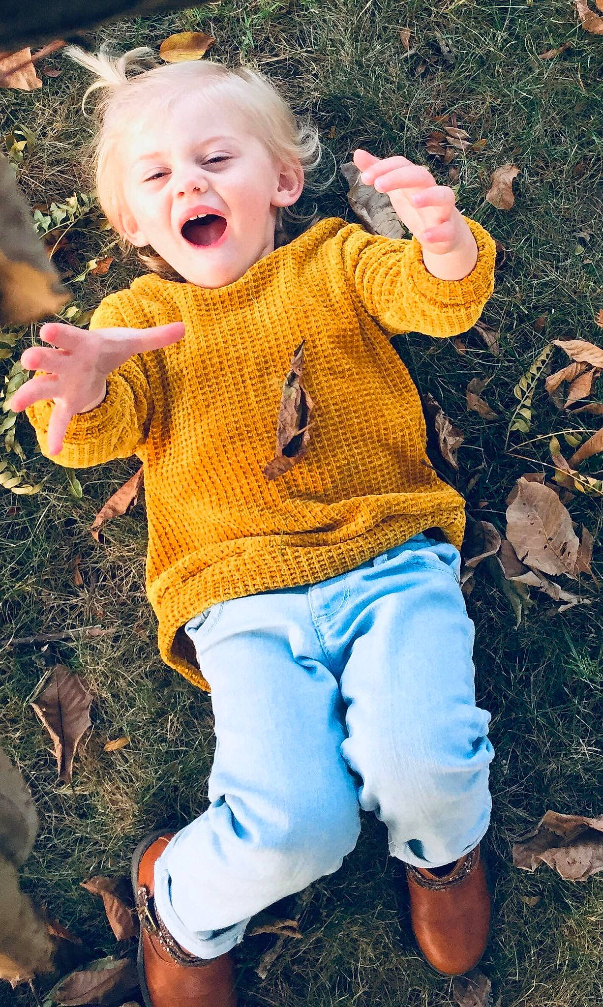 Sadie-mae joined the competition — help win amazing prizes! autumn, baby, blond, child, fun, grass, happy, leaf, people, people_in_nature, person, plant, play, smile, sweater, toddler, top, tree, yellow