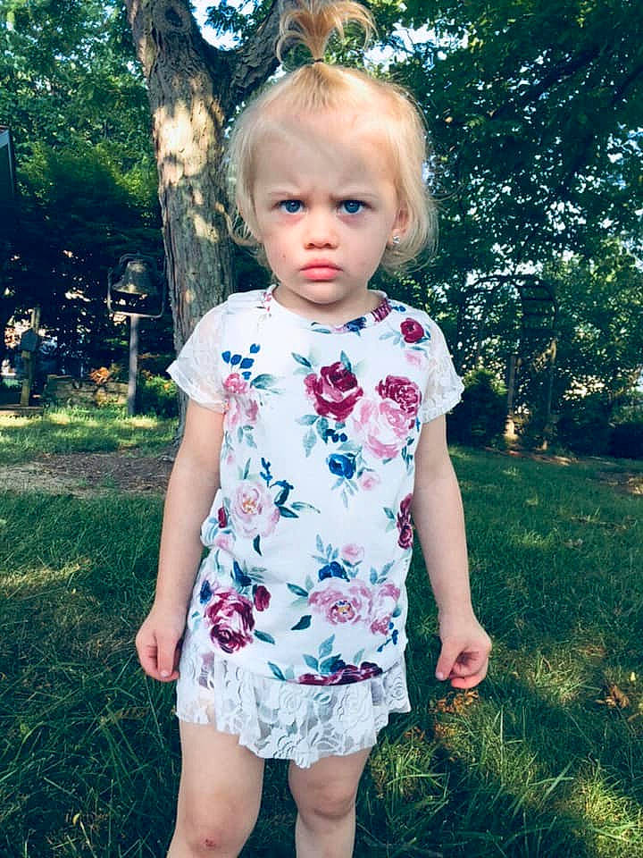 Sadie-mae joined the competition — help win amazing prizes! blond, child, child_model, clothing, dress, eye, face, flower, grass, head, pattern, person, pink, plant, smile, sorrow, summer, toddler, tree