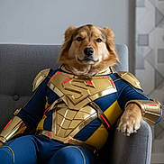 Jorky participe au concours pour gagner de l'argent avec cette photo : animal, armchair, armor, blue_costume, canine, casual, companion, costume, cute, dog, funny, furniture, gold_armor, house, indoor, pet, portrait, relaxed, seated, superhero_costume