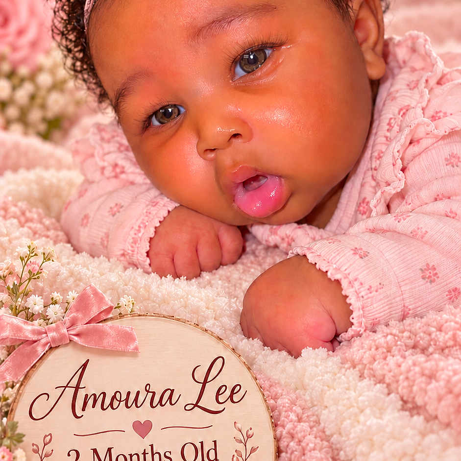 Amoura Lee joined the competition — help win amazing prizes! baby, infant, child, portrait, close_up, smiling, tongue_out, headband, bow, pink, blanket, flowers, milestone, two_months_old, plaque, lying_down, curly_hair, brown_skin, indoors, photography
