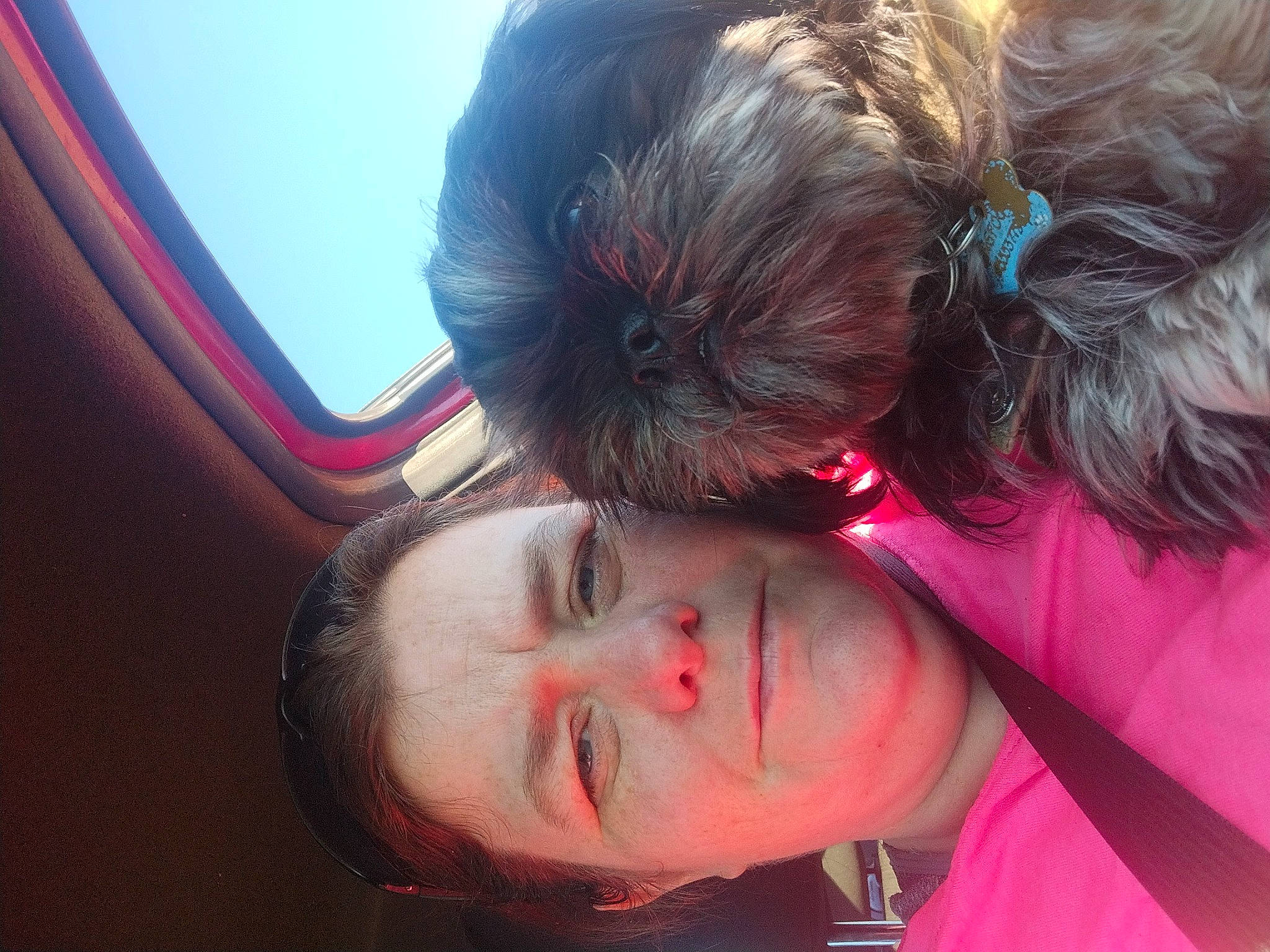 Bigfoot is registered to the contest to win money with this photo: audio_equipment, beard, blond, brown_hair, chest, eyebrow, eyelash, eyewear, facial_hair, flesh, fun, happy, jaw, leisure, mouth, neck, selfie, sunglasses, t_shirt, vision_care