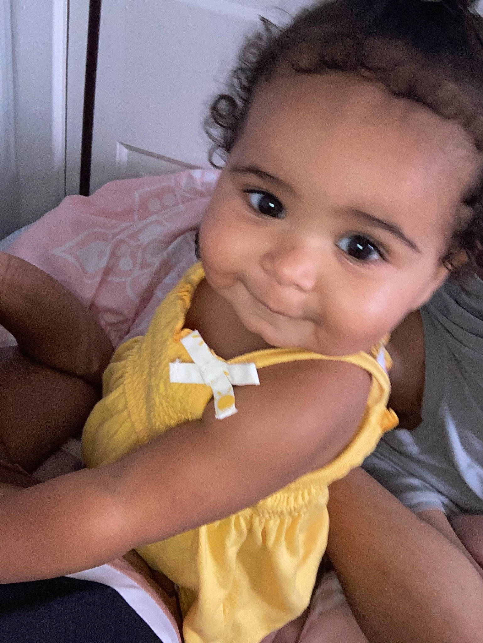 Everly joined the competition — help win amazing prizes! arm, baby_toddler_clothing, cheek, chin, eye, eyelash, gesture, hairstyle, happy, iris, joint, lip, mouth, neck, nose, person, skin, smile, tableware, thumb