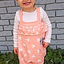 Valerie is registered to the contest to win money with this photo: child, toddler, face, expression, grimace, peach_outfit, mickey_mouse_pattern, long_sleeve_shirt, black_shoes, standing, gray_brick_wall, green_leaves, outdoor, person, clothing, cute, young_child, portrait, smile, casual