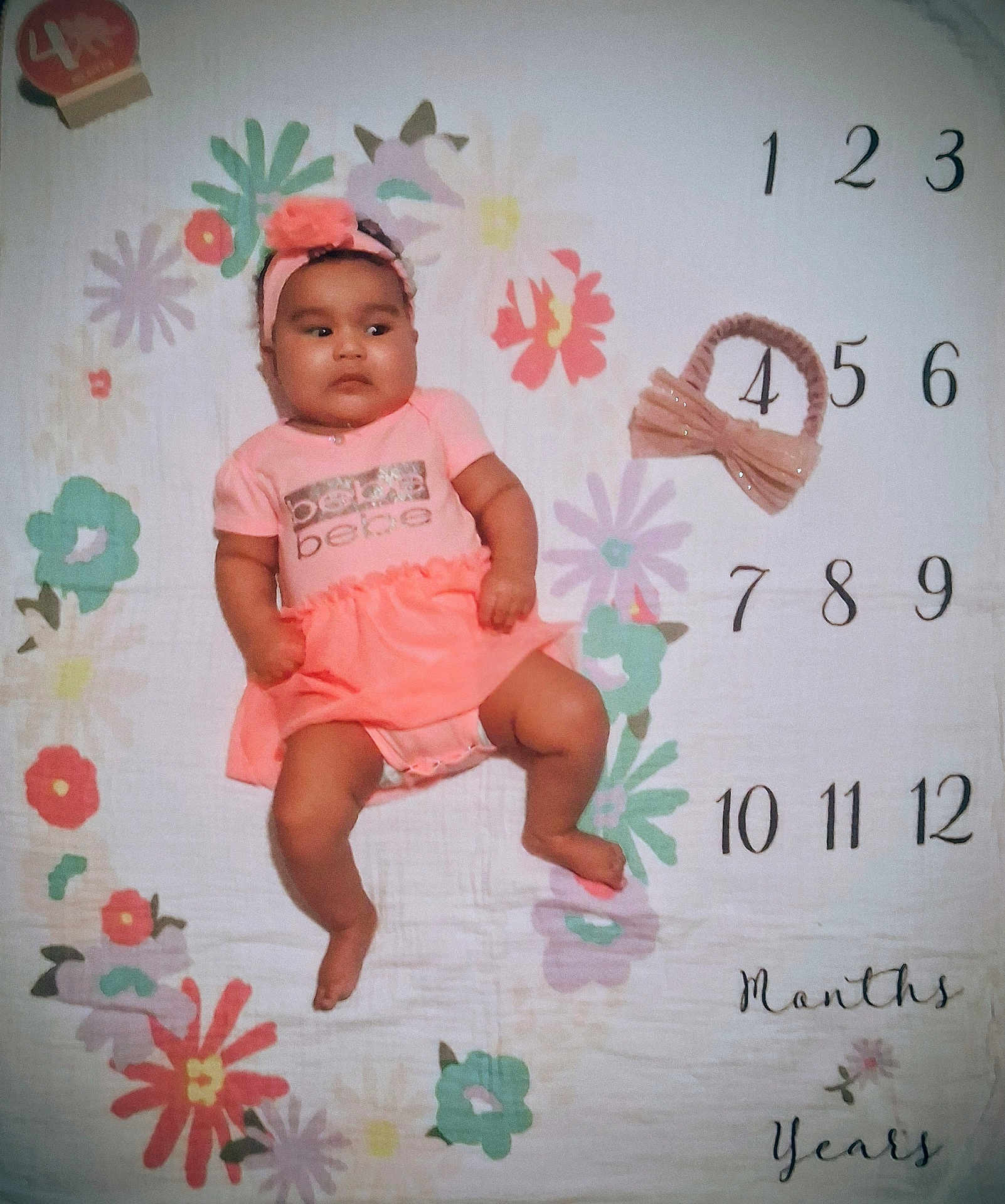 Nadaijah is registered to the contest to win money with this photo: baby, baby_girl, child, cute, floral_pattern, flower, headband, indoors, infant, lying_down, milestone_blanket, months, numbers, person, pink_clothing, portrait, skin, soft_lighting, toddler, years