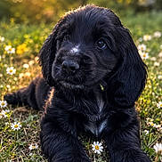 Titou participe au concours pour gagner de l'argent avec cette photo : puppy, black_dog, grass, flowers, daisies, outdoor, sunlight, nature, cute, animal, young_dog, lying_down, portrait, fluffy, sunset, field, closeup, pet, adorable, soft_light