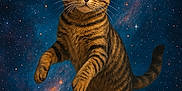 Bubbles joined the competition — help win amazing prizes! cat, tabby, space, stars, galaxy, floating, curious, animal, pet, whiskers, fur, tail, ears, astronomy, night_sky, cosmic, mystical, cute, mammal, outdoor