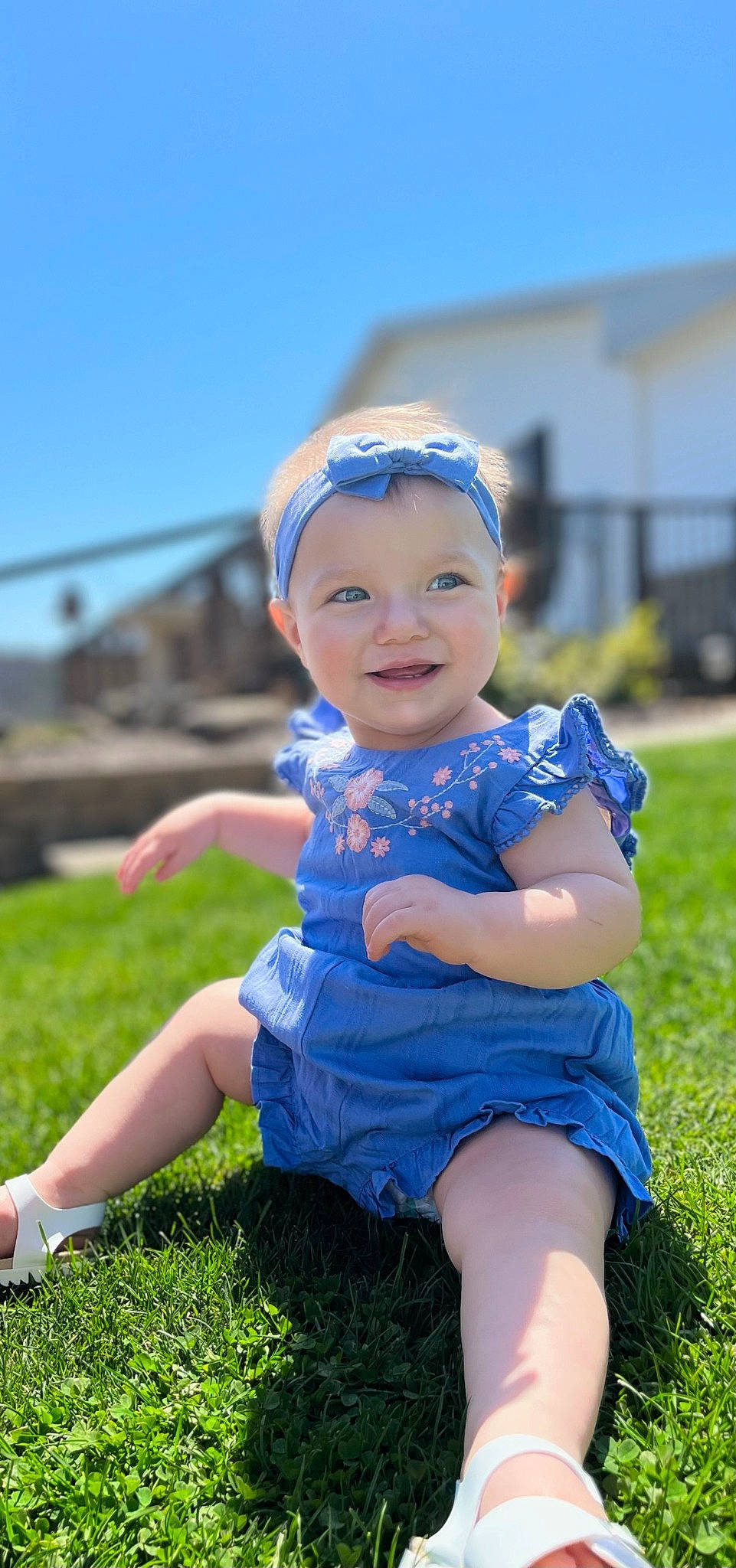 Oaklee is registered to the contest to win money with this photo: azure, baby, baby_toddler_clothing, blue, child, electric_blue, eye, flash_photography, fun, grass, grassland, happy, hat, headwear, iris, joy, people_in_nature, person, plant, sky
