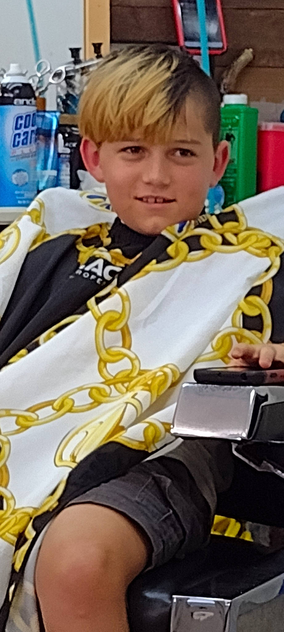 Aiden joined the competition — help win amazing prizes! bangs, child, communication_device, competition_event, cosplay, costume, event, fun, human_leg, musician, person, portable_communications_device, recreation, smile, street_fashion, t_shirt, thigh, uniform, vacation, yellow