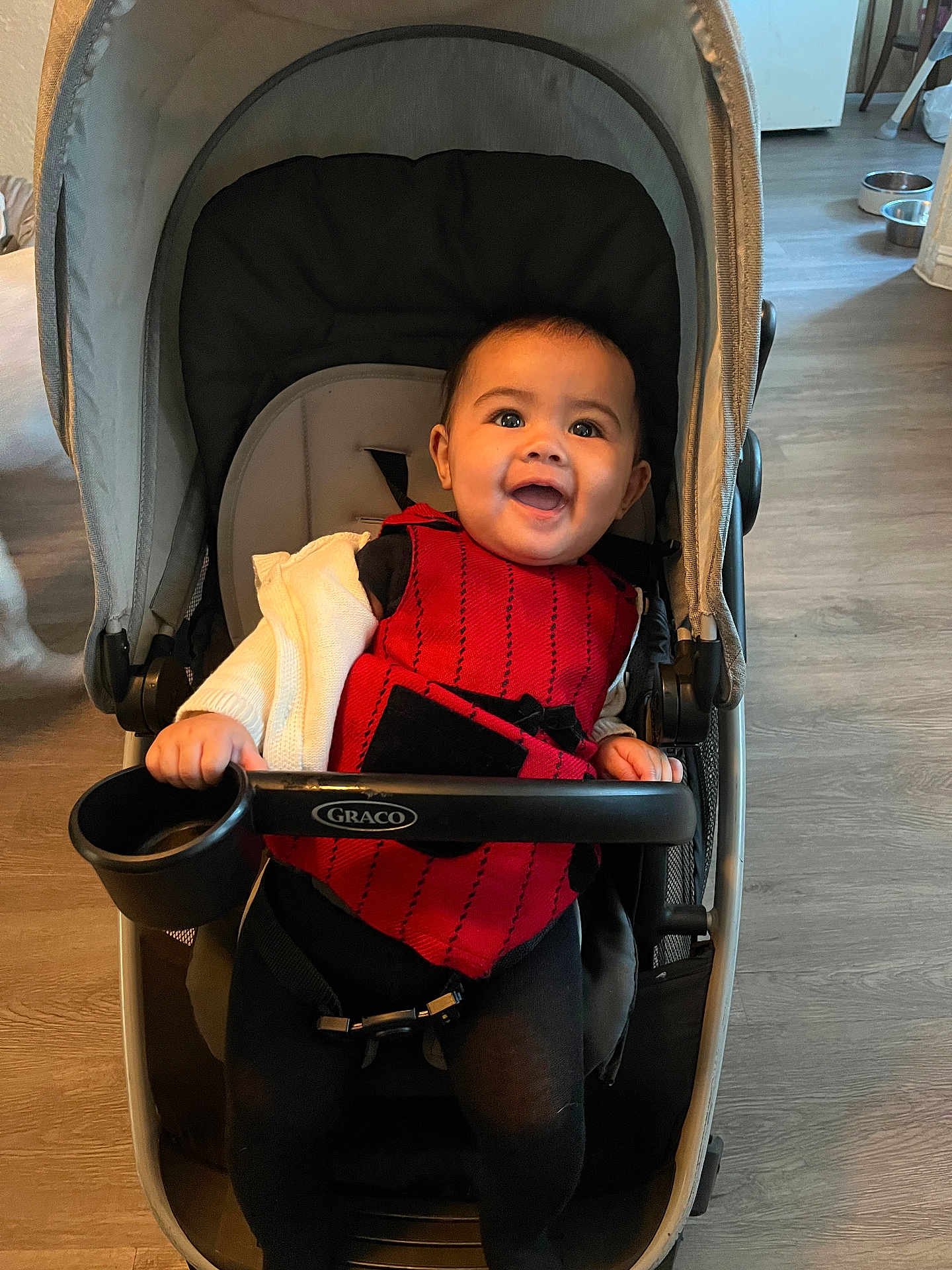 Aliana joined the competition — help win amazing prizes! baby, child, stroller, smiling, indoor, floor, red_clothing, black_clothing, happy, person, seat, baby_seat, graco, baby_toddler, head, face, hand, cushion, toy_holder, flooring