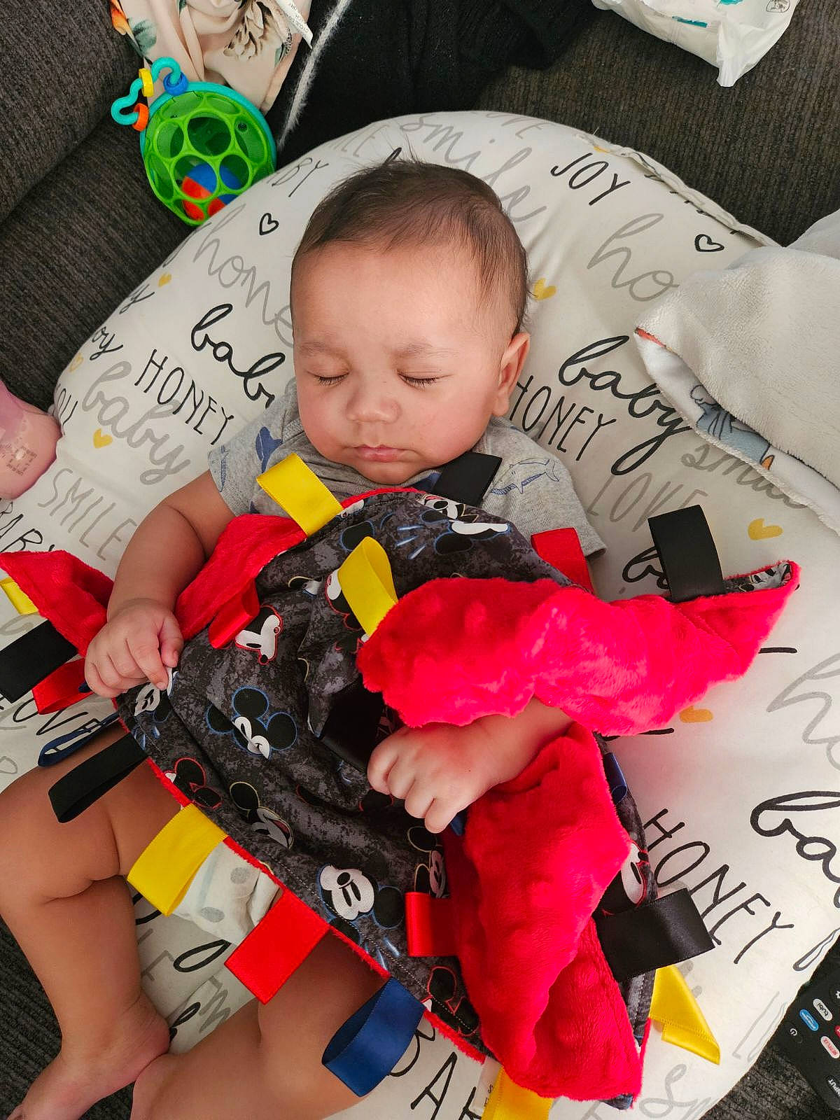 Wyatt joined the competition — help win amazing prizes! baby, baby_products, baby_toddler_clothing, child, comfort, fun, happy, lap, linens, nail, pattern, person, pink, product, sitting, sleeve, sock, t_shirt, textile, thigh