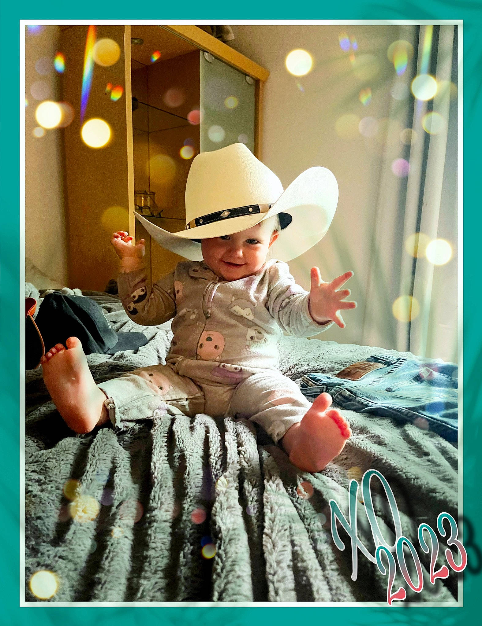 Alley joined the competition — help win amazing prizes! art, baby, baby_toddler_clothing, child, costume_hat, cowboy_hat, event, fashion_accessory, flash_photography, fun, happy, hat, headwear, joy, leisure, pattern, person, photo_caption, room, sitting