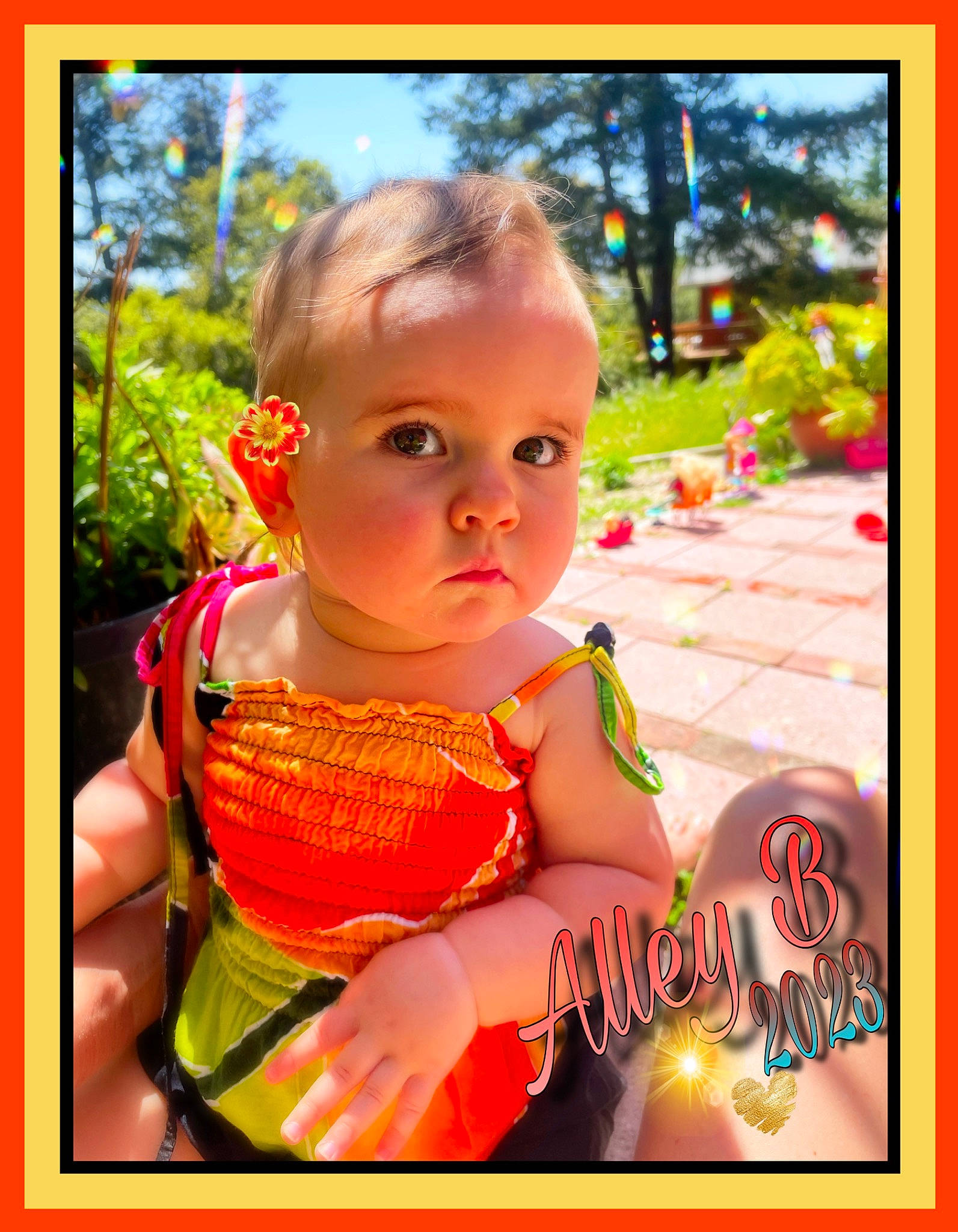 Alley is registered to the contest to win money with this photo: adaptation, baby, baby_toddler_clothing, beauty, child, day_dress, grass, happy, magenta, orange, pattern, peach, person, plant, rectangle, toddler, tree