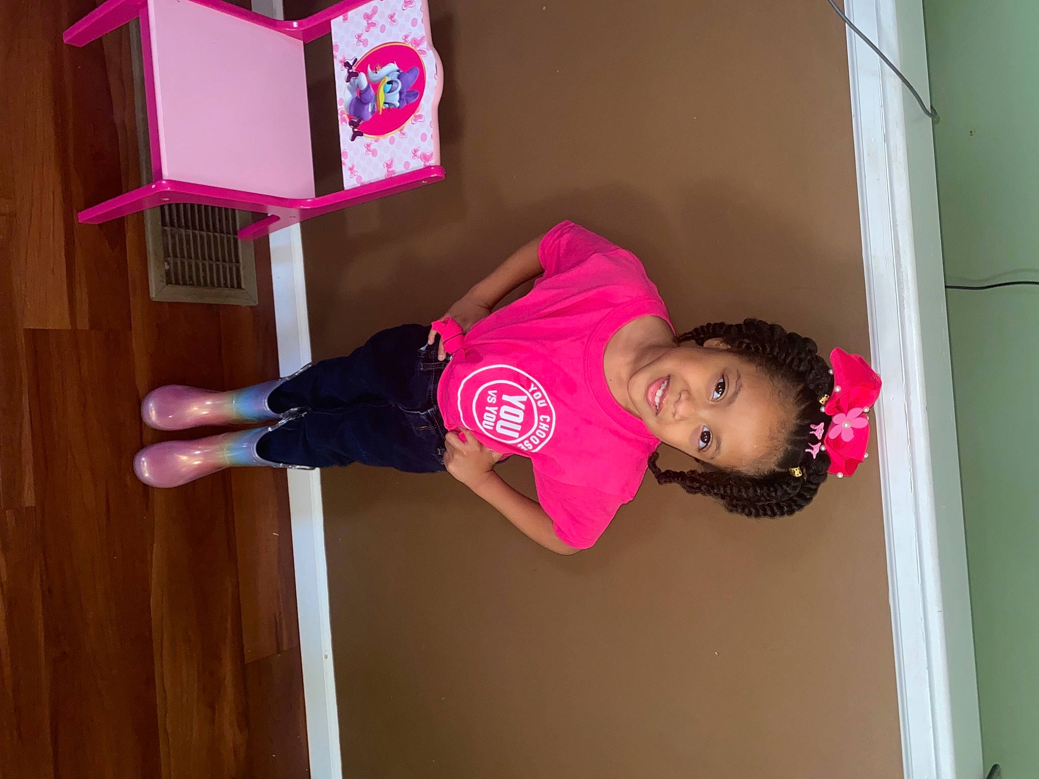 Randi joined the competition — help win amazing prizes! arm, baby_toddler_clothing, child, clothing, door, dress, facial_expression, fun, joy, knee, leg, magenta, person, pink, product, room, sleeve, smile, t_shirt, thigh
