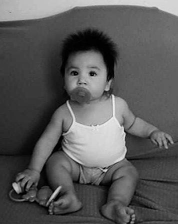 Bailey is registered to the contest to win money with this photo: baby, baby_toddler_clothing, black, black_and_white, bottle, chest, elbow, flash_photography, flooring, hand, knee, leg, monochrome, person, smile, standing, style, thigh, thumb, toddler