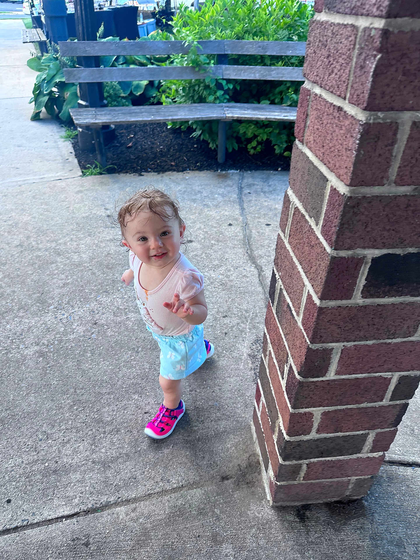 Mckenna is registered to the contest to win money with this photo: toddler, child, sidewalk, brick_pillar, bench, greenery, outdoor, concrete, happy, curly_hair, wet_hair, walking, casual_clothing, pink_shoes, blue_shorts, summer, daylight, portrait, person, smiling