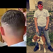 Mini Ulk a rejoint le concours — aidez-le/la à gagner de superbes lots ! person, dog, leash, jeans, white_tshirt, outdoor, stone_wall, steps, grass, footwear, black_shoes, brown_dog, white_dog, standing, casual_clothing, mask_overlay, side_view, nature, daylight, path