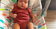 Jimmy joined the competition — help win amazing prizes! baby, child, infant, portrait, sitting, bouncer, baby_chair, colorful, indoor, home, couch, wood_floor, black_socks, red_outfit, short_hair, face, eyes_open, cozy, photography, adorable
