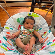 Jimmy joined the competition — help win amazing prizes! baby, infant, child, portrait, sitting, bouncer, baby_seat, colorful, indoors, home, sunlight, wood_floor, window, clothing, onesie, barefoot, smiling, wide_eyed, playful, cozy