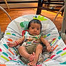 baby, infant, child, portrait, sitting, bouncer, baby_seat, colorful, indoors, home, sunlight, wood_floor, window, clothing, onesie, barefoot, smiling, wide_eyed, playful, cozy