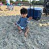Jayden is registered to the contest to win money with this photo: child, toddler, beach, pebbles, outdoor, sunny, seated, curly_hair, striped_shirt, shorts, barefoot, cooler, stroller, umbrella, family, beachgoers, summer, waterfront, portrait, vacation