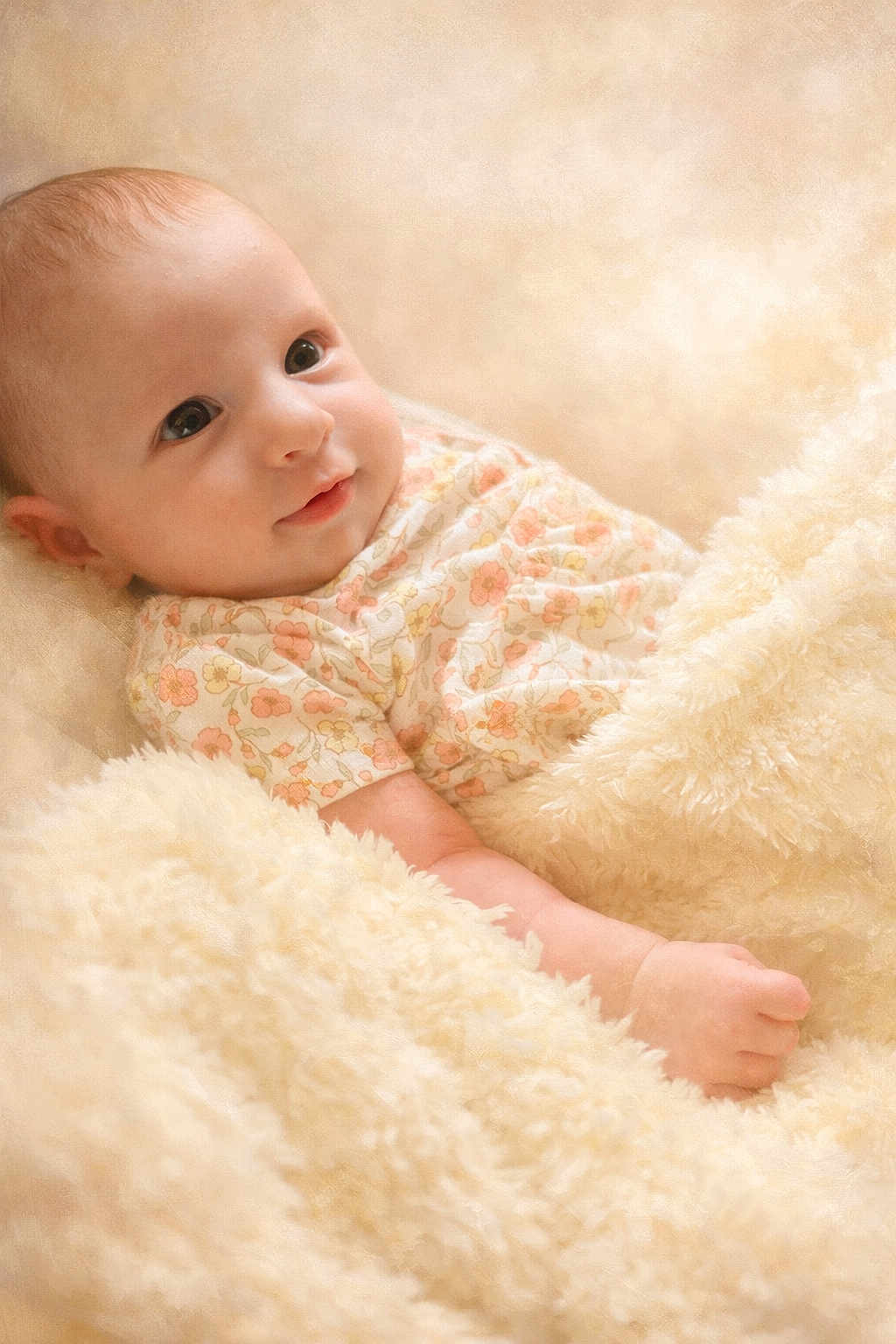 Emily is registered to the contest to win money with this photo: baby, infant, newborn, blanket, soft_texture, floral_clothing, portrait, face, eyes, smile, cozy, gaze, skin, hand, arm, laying_down, warm_tones, studio_lighting, close_up, adorable