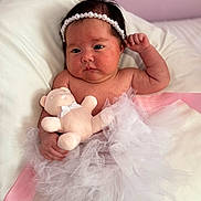 Anastasia is registered to the contest to win money with this photo: baby, infant, pearl_headband, teddy_bear, white_tutu, pink_ribbon, soft_pillow, pastel_wall, cute, child, portrait, indoors, sleepwear, newborn, adorable, plush_toy, resting, soft_texture, tulle, pink_background