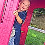child, toddler, playhouse, pink, door, smiling, happy, frozen, nightgown, blonde, outdoor, grass, fence, window, toy, plastic, playing, metal_bowl, summer, backyard