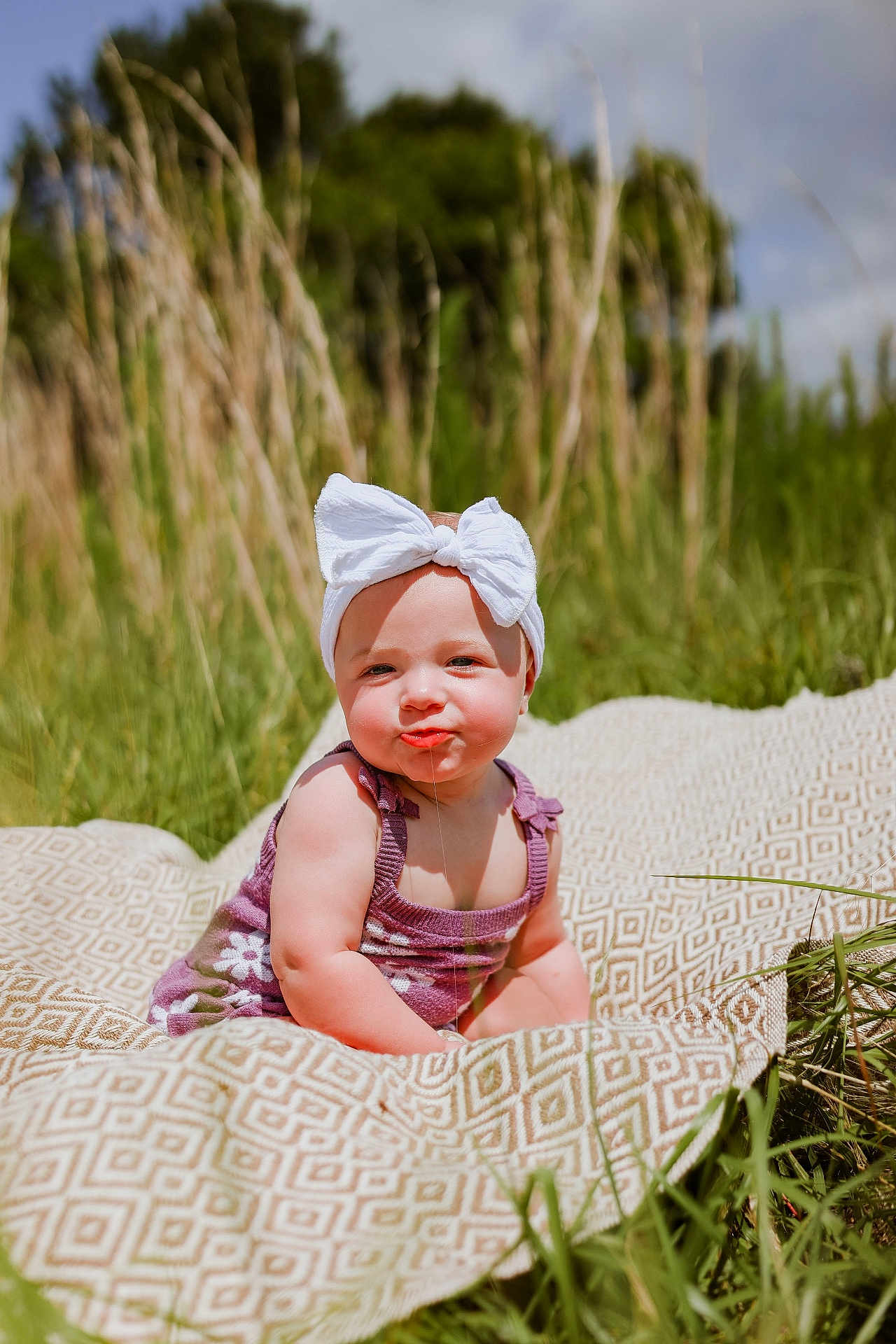 Hailey is registered to the contest to win money with this photo: baby, child, infant, headband, bow, drool, purple_outfit, blanket, grass, outdoor, nature, sunlight, greenery, pattern, sitting, cute, portrait, summer, grass_field, happy