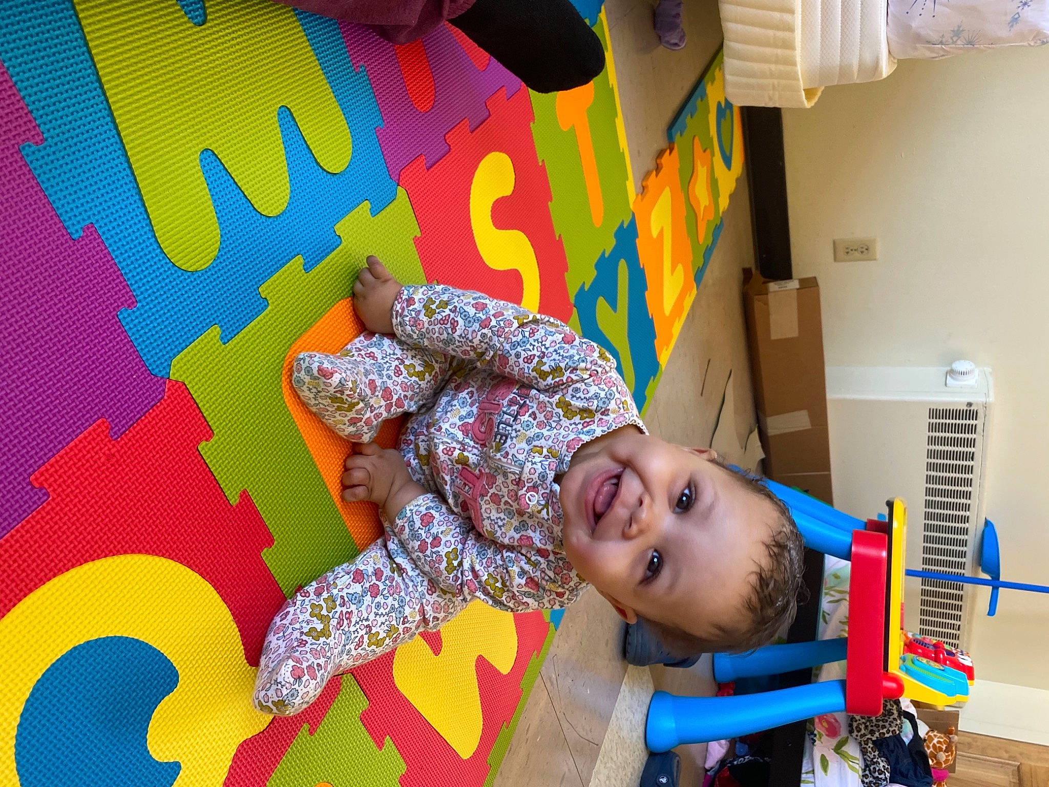 Mylie joined the competition — help win amazing prizes! art, baby, blue, child, electric_blue, flooring, fun, happy, joy, leisure, magenta, orange, paint, pattern, person, play, room, smile, snapshot, toddler