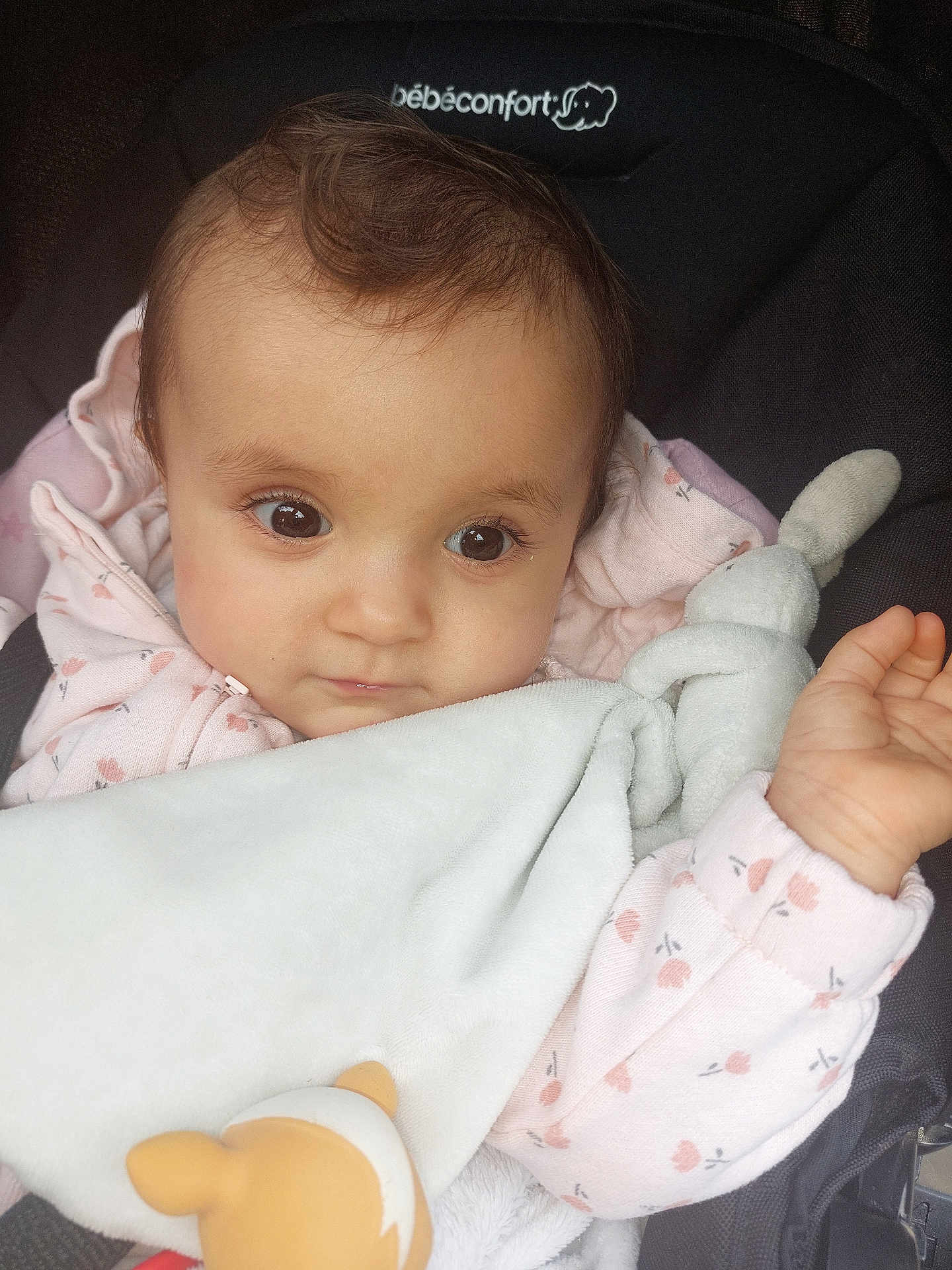 Liya a rejoint le concours — aidez-le/la à gagner de superbes lots ! baby, infant, face, eyes, blanket, plush_toy, baby_carrier, clothing, pink, soft, cute, child, portrait, closeup, hand, sleepwear, resting, young, indoor, comfort