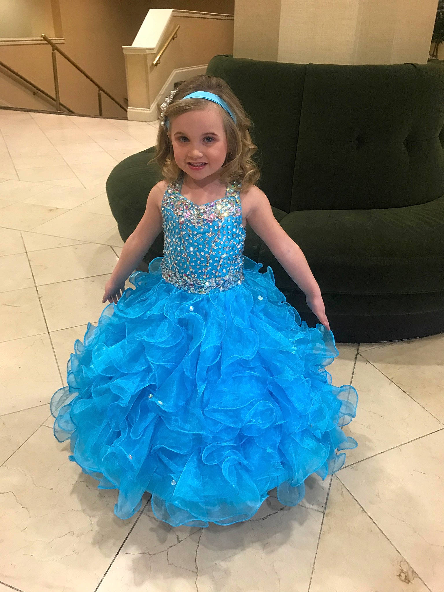 Allyana joined the competition — help win amazing prizes! a_line, aqua, blue, bridal_party_dress, child, clothing, cocktail_dress, costume, dress, electric_blue, embellishment, event, fashion_accessory, formal_wear, gown, joy, person, ruffle, shoulder, textile