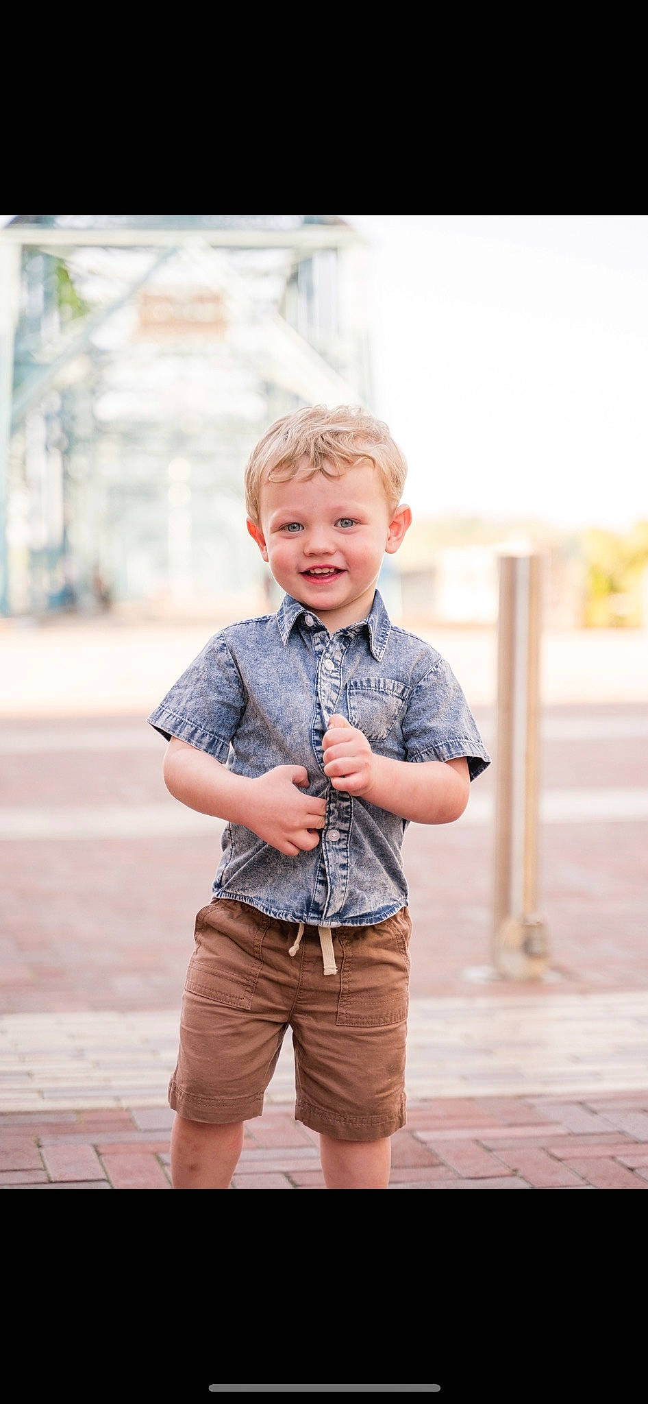 Jackson is registered to the contest to win money with this photo: blond, child, collar, denim, dress_shirt, electric_blue, fashion, fun, happy, joy, pattern, person, plaid, shorts, shoulder, sleeve, smile, standing, t_shirt, toddler
