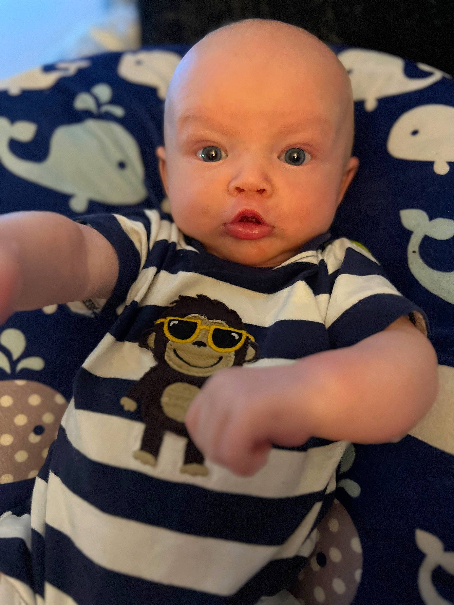 Jameson is registered to the contest to win money with this photo: baby, baby_products, baby_toddler_clothing, cheek, child, comfort, eyelash, fun, happy, iris, mammal, nose, pattern, people, person, room, skin, sleeve, smile, surprise