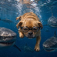 Chip joined the competition — help win amazing prizes! dog, underwater, swimming, goggles, shark, ocean, water, animal, marine_life, adventure, brave, cute, mammal, wildlife, aquatic, pet, fearless, nature, closeup, action