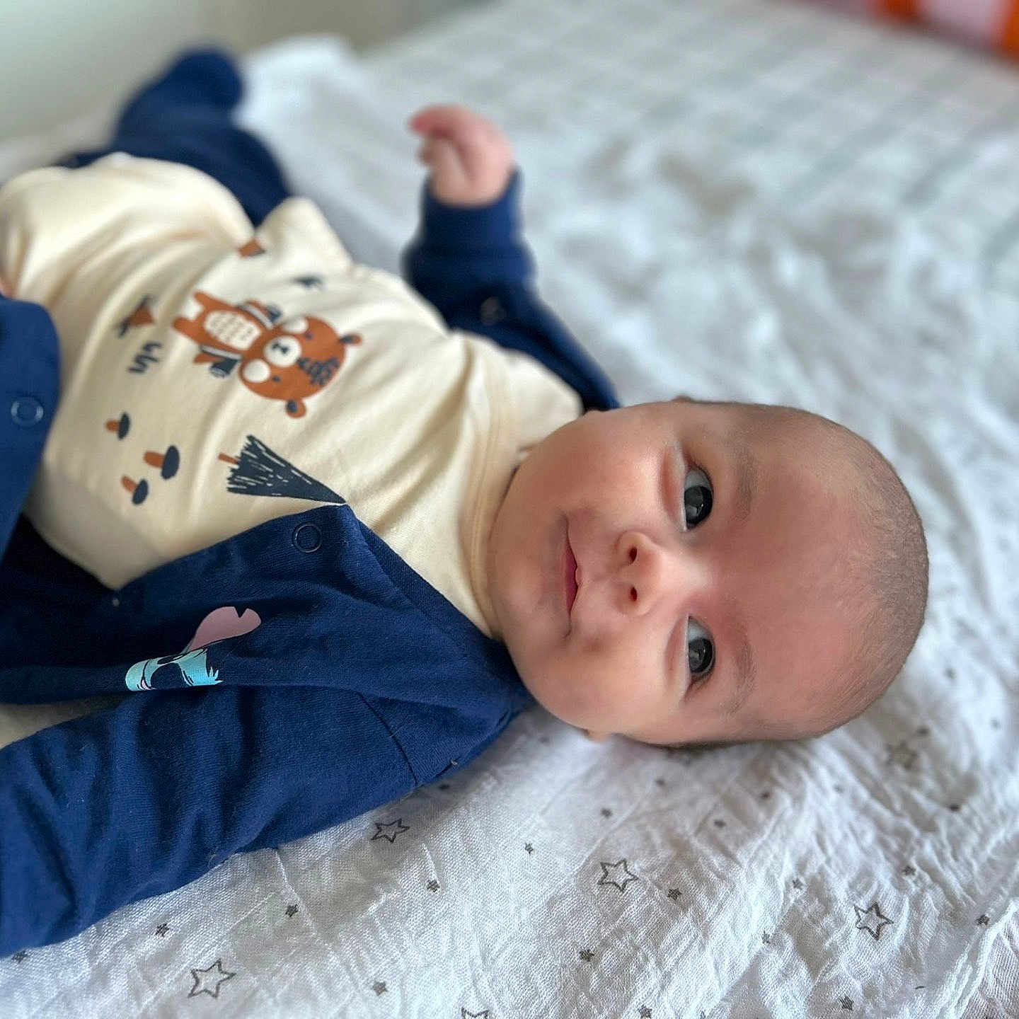 Tyam a rejoint le concours — aidez-le/la à gagner de superbes lots ! baby, bed, blanket, child, clothing, cute, face, head, indoors, infant, jacket, lying_down, newborn, pattern, portrait, skin, smiling, soft_toys, star_pattern, young