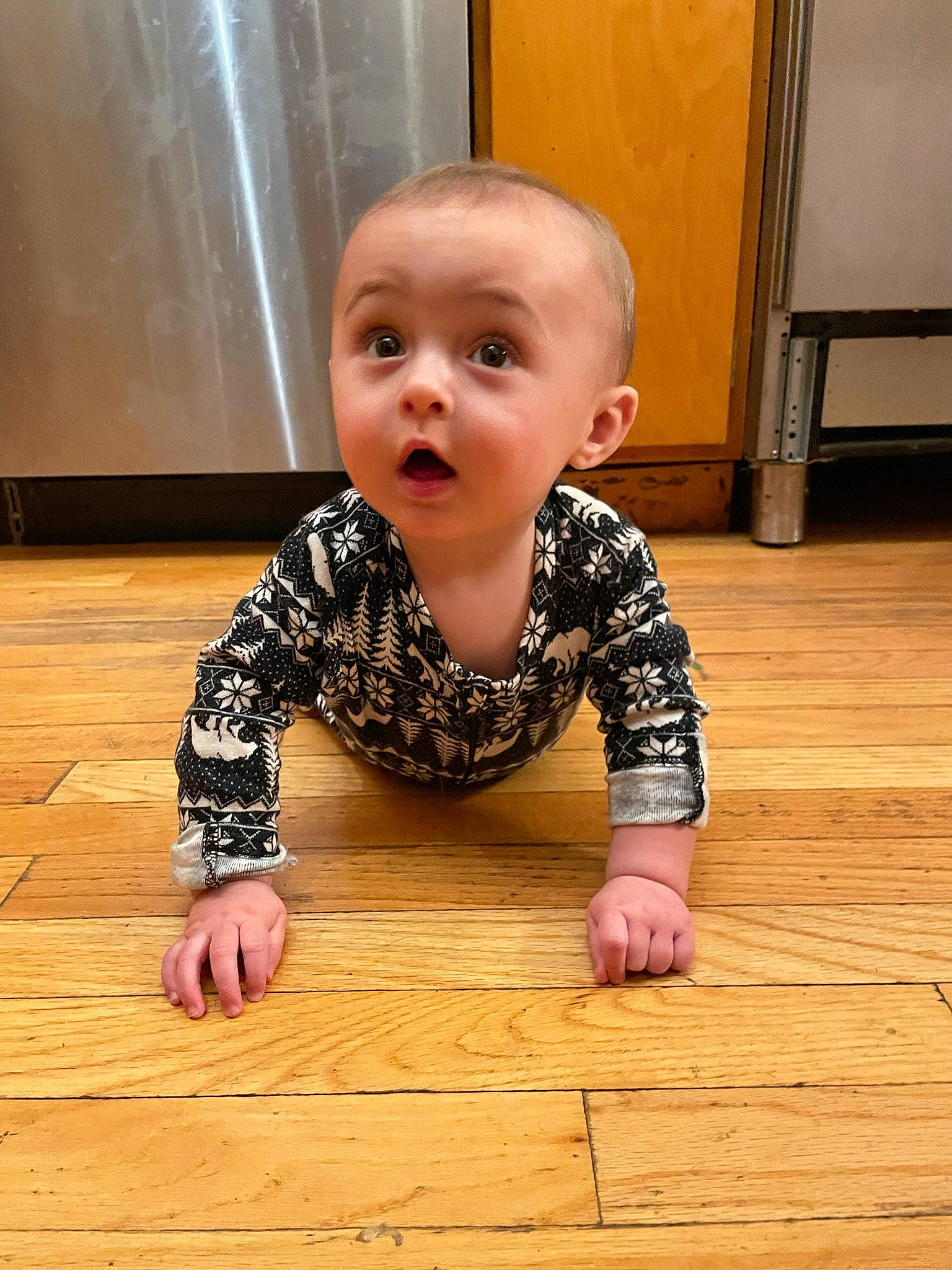 Dom joined the competition — help win amazing prizes! baby, baby_toddler_clothing, cheek, chin, crawling, floor, flooring, foot, happy, hardwood, knee, laminate_flooring, nose, person, skin, sleeve, surprise, toddler, varnish, wood