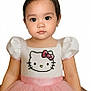 child, toddler, baby, dress, pink_dress, tutu, hello_kitty, bow, hair_buns, pigtails, portrait, white_background, big_eyes, cute, earring, puff_sleeves, looking_at_camera, front_view, studio_photo, formal_dress
