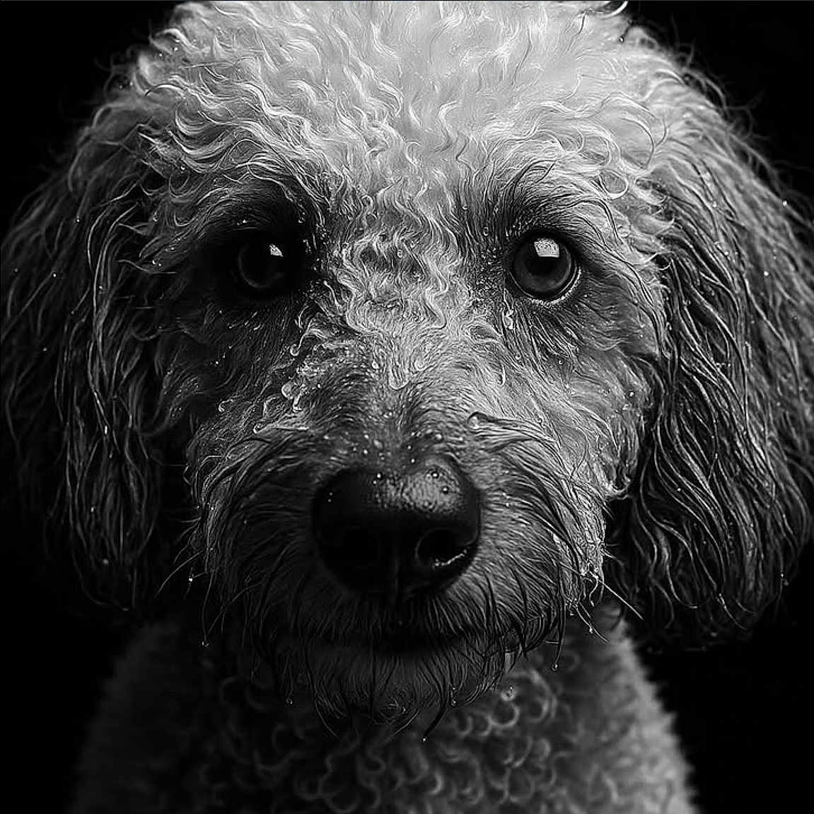 Teddy joined the competition — help win amazing prizes! animal, black_and_white, canine, close_up, curly_hair, detailed, dog, droplets, expression, eyes, face, fur, headshot, macro, moody, pet, portrait, studio_lighting, texture, wet