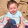 baby, child, sand, beach, blanket, sunlight, happy, laughing, sitting, clothing, toddler, outdoor, smiling, skin, head, person, hair, summer, nature, play
