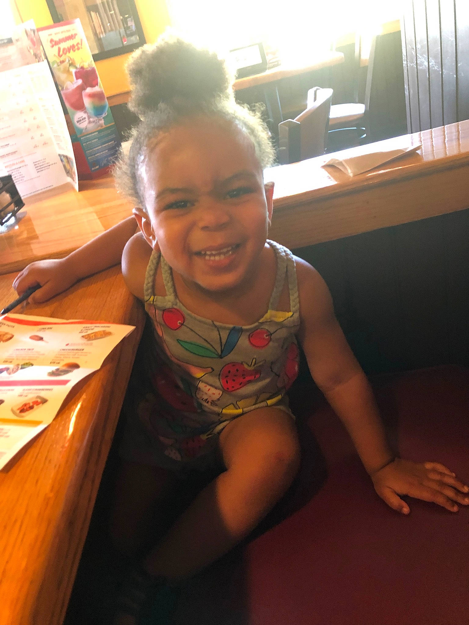 Laciana joined the competition — help win amazing prizes! child, ear, face, facial_expression, fun, furniture, glasses, head, joy, leg, leisure, person, room, sitting, smile, summer, table, toddler, vacation, wood