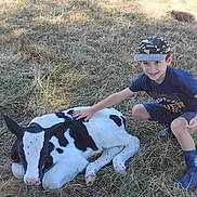 Enzo participe au concours pour gagner de l'argent avec cette photo : boy, child, calf, animal, grass, outdoor, nature, crouching, cap, blue_clothing, smile, young, petting, farm, field, sunlight, resting, grassland, casual, daytime