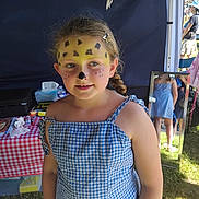 Clara a rejoint le concours — aidez-le/la à gagner de superbes lots ! child, face_paint, cheetah_spots, blue_dress, braided_hair, mirror_reflection, outdoor, tent, dreamcatcher, grass, sunlight, festival, smile, summer, portrait, girl, hair_clip, checkered_pattern, casual_clothing, event