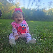 Kallista is registered to the contest to win money with this photo: baby, child, toddler, smiling, outdoors, grass, park, portrait, pink_bow, bow, curly_hair, bib, elmo, red_character, seated, sneakers, playful, nature, blurred_background, sunlight