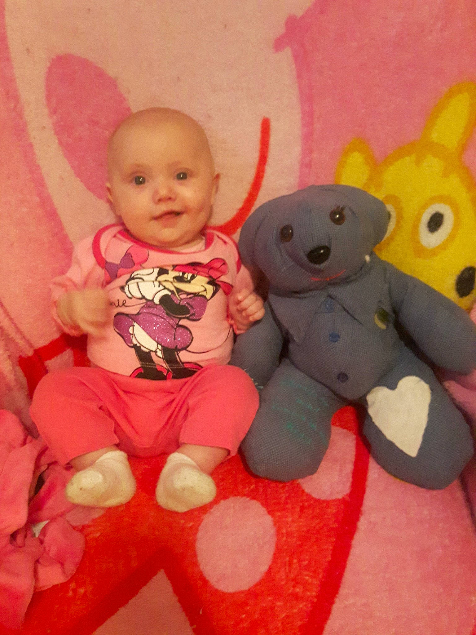 Samara is registered to the contest to win money with this photo: baby, baby_toys, child, person, pink, play, plush, skin, stuffed_toy, teddy_bear, textile, toddler, toy