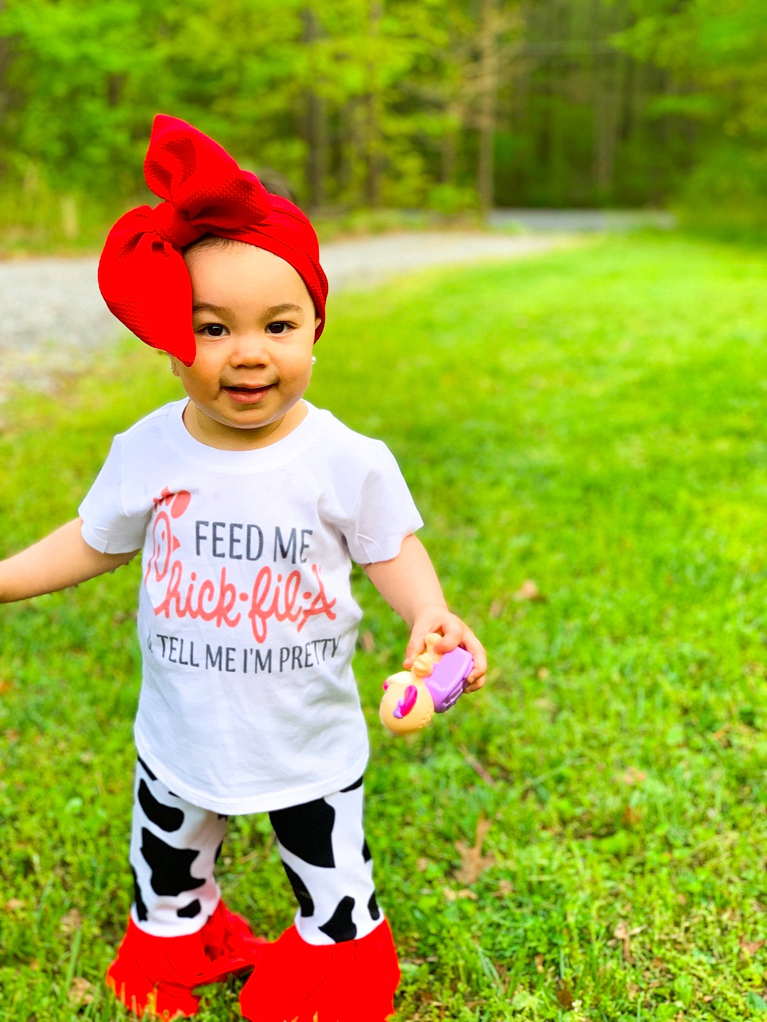 Amillia joined the competition — help win amazing prizes! baby, baby_toddler_clothing, child, grass, green, happy, meadow, people_in_nature, person, plant, play, red, t_shirt, toddler